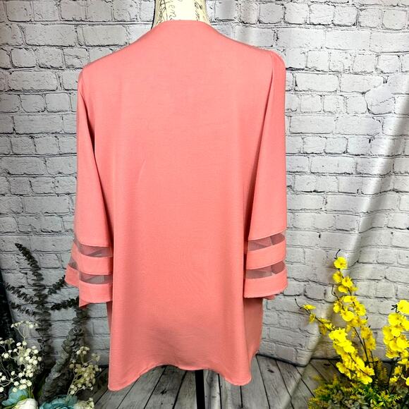 Casual V Neck 3/4 Bell Sleeve Mesh Panel Blouse Coral XL - Picture 6 of 7